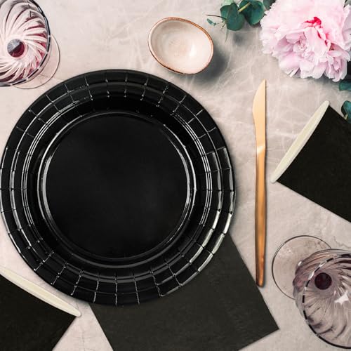 64 Stück Schwarz Partygeschirr Set,Inklusive Teller Servietten Becher und Dessertteller Geeignet für Kinderpartys, Geburtstage Kinder Dekoration Hochzeiten und Tischdekoration