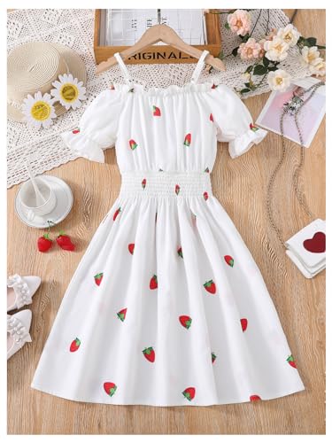 Floerns Girl's Summer Midi Dress Strawberry Cold Shoulder Puff Sleeve Cute A Line Dresses2
