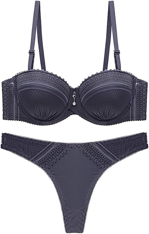 Sexy Thong Bra Set Women's Solid Color Lace Women Underwear B C Cup and Panty Gray