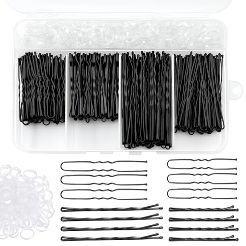 Jiaoshou Pan 300 Horquillas Pelo Mujer, Horquillas Moño en U 2 Pulgadas 2.36 Pulgadas, Pasador de Pelo Ondulado 2 Pulgadas 2.75 Pulgadas con Transparente Gomas y Caja de Almacenamiento (Negro)