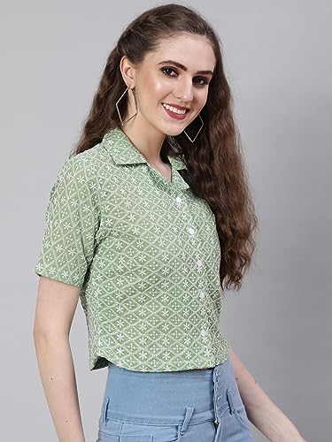 Image of Sea Green Floral Embroidered Cotton Shirt Style Crop Top