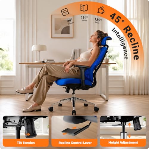 Image of Jacia House Big & Tall Ergonomic Office Chair with Lumbar Support | Breathable Mesh Back, 135 Recline, 360 Swivel, Sliding Seat, 2D Removable Headrest, 4D Armrest for Home Office & Gaming