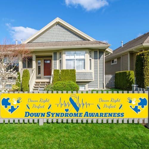 WANDIC Blue Yellow Ribbon 9.84 * 1.64FT Ribbon Banner Polyester Yard Banner Large Background Decoration for Down Syndrome Awareness Social Event Party