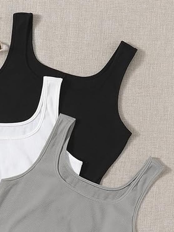 Image of Toochki Women's Knitted Sleeveless Solid Sqaure Neck Ribbed Tank & Crop Tops (Pack of 3)
