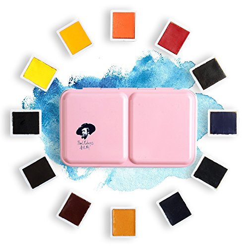Paul Rubens Artist Watercolor Paints, Professional Grade 12 Colors Watercolour Solid Cakes Lightweight Travel Pocket Set with Metal Box Case