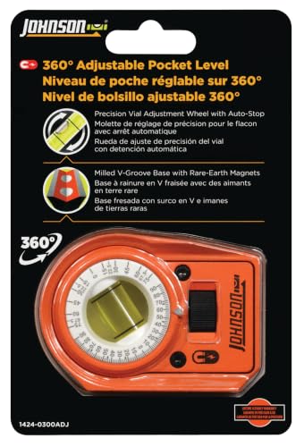Image of Johnson Level & Tool 1424-0300ADJ 3 inch Magnetic Diecast Pocket Level with 360 Adjustable Vial Angle Finder, Orange, 1 Level