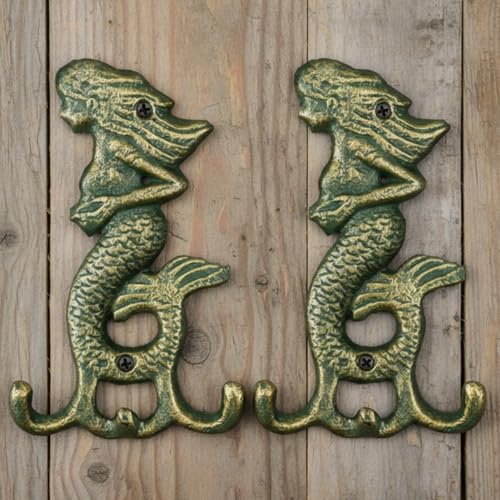 Otoolling 2 Pack Cast Iron Verdigris Mermaid Wall Hooks Vintage