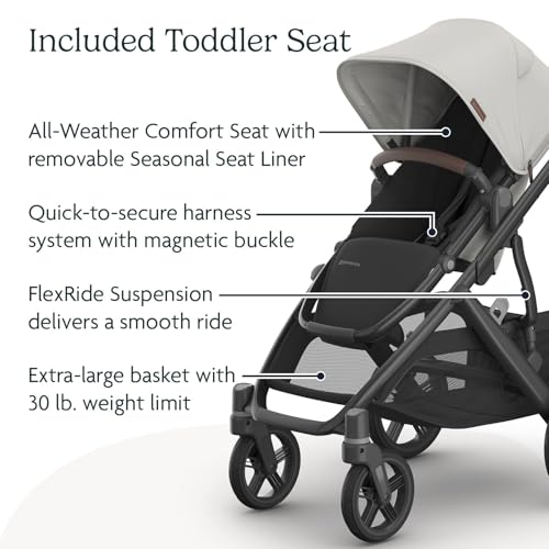 Image of UPPAbaby Vista V3 Stroller + Bassinet V3 - Convertible Single-to-Double Stroller System- Bassinet, Toddler Seat, Bug Shield, Rain Shield Included - Savannah (Pearl Gray /Carbon Frame /Chestnut Leather)