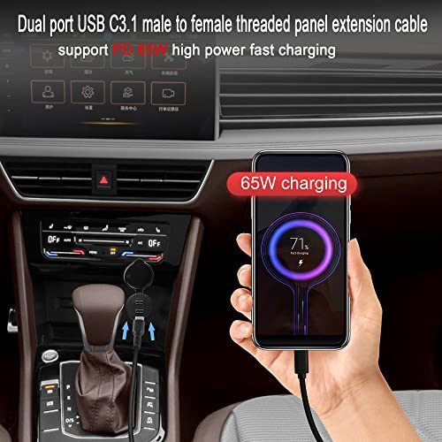 QIANRENON Dual USB C Threaded fixing Embedded Car Waterproof Cable 10Gbps 2 Port USB C 3.1 Male to Female Flush Panel Mount Extension Cable - Image 3