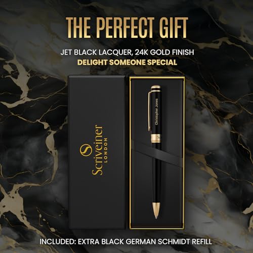 Scriveiner-Personalized-Black-Ballpoint-Pen-Stunning-Luxury-Pen-Jet-Black-Lacquer-24K-Gold-Finish-Schmidt-Ink-Refill-Best-Engraved-Ball-Point-Gift-Set-for-Men-Women-Custom-Name-Engraving