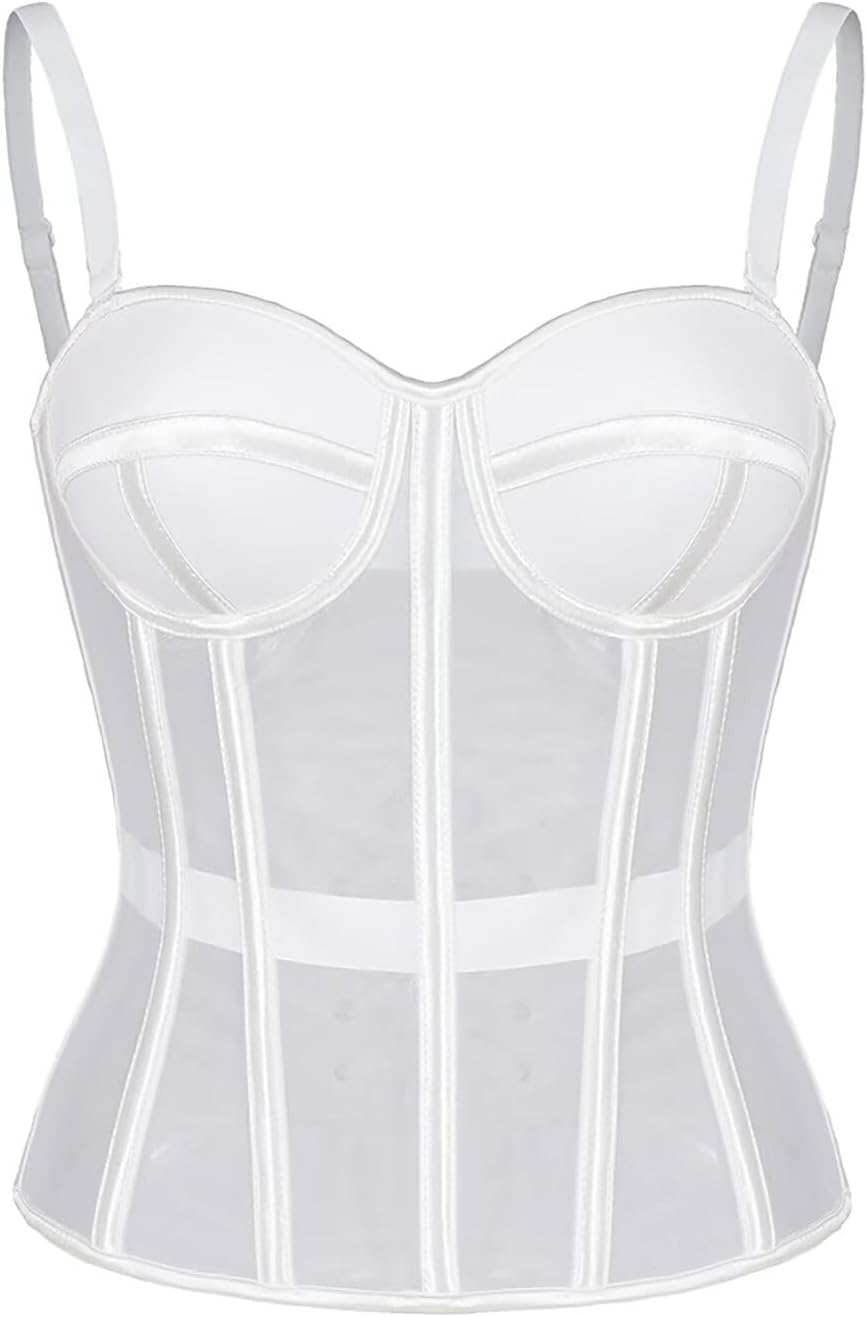 Mesh Corset Tops For Women Lace Up Corset Boned Bustier Sexy Overbust Tops Removable Spaghetti Strap Shapewear