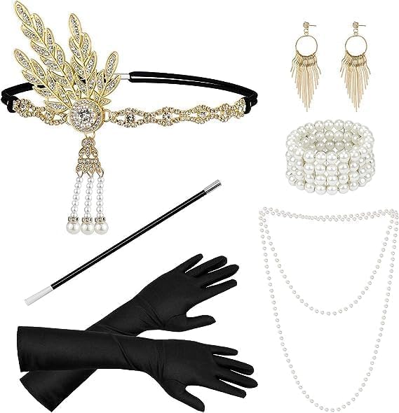 6 Pcs 1920s Great Gatsby Accessories Set, Flapper Costume Accessories for Women, 1920s Feather Headpiece, Necklace, Gloves, Roaring 20s Accessories