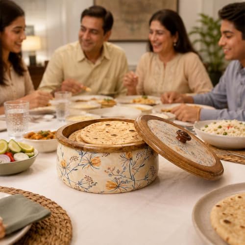 Image of The Earth Store Premium Wooden Florence Casserole for Roti - 1600ML Handcrafted Mango Wood with Resin Art Roti Casserole | Elegant Wooden Roti Box | Chapati Box for Dining & Gifting