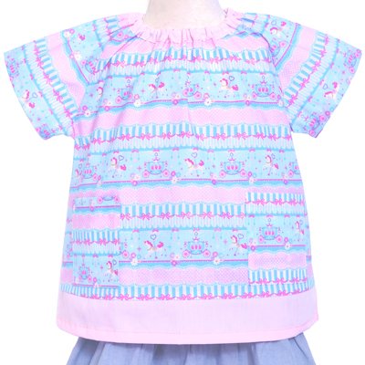 カラフルキャンディスタイル(COLORFUL CANDY STYLE)半袖スモック120-130 幼稚園スモック 遊び着 レースチュールとメリーゴーランド(スケアー地・ライトブルー) N1334120