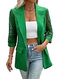 WDIRARA Women's Contrast Lace Elegant Waistcoat Single Button Lapel Neck Three Quarter Length Sleeve Blazer Green XL