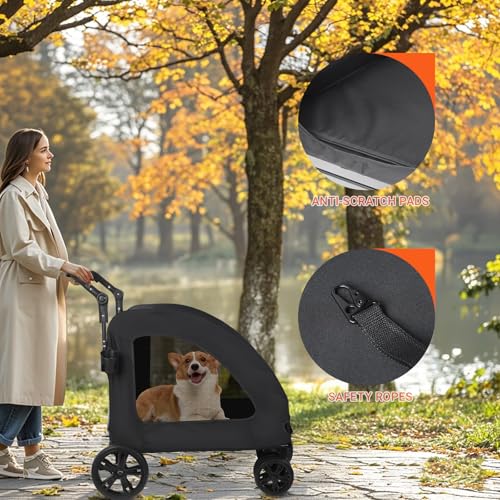 Vinteky Hundewagen Hundebuggy Hundebox, für mittelgroße bis große Hunde, Transporttasche Faltbar klappbar bis 30kg, Haustiere Buggy mit Netzfenstern Getränkehalter, Jogger Schwarz