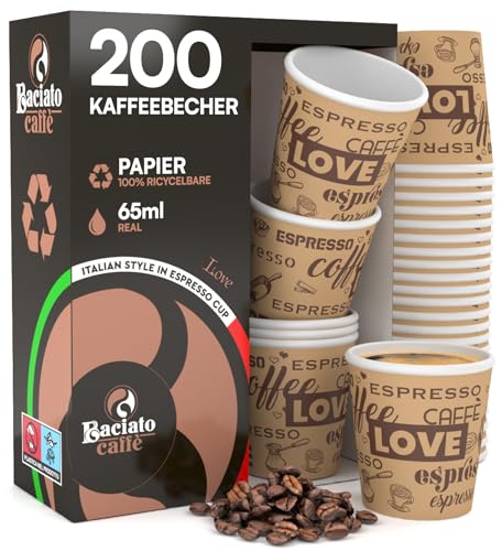Eurocali 200 Espresso Pappbecher 65ml Biologisch Abbaubare Kaffee Einwegbecher - Ökologisches Design LoveBrownCUP - Kleine Größe für italienischen Espresso für Heißen Getränken