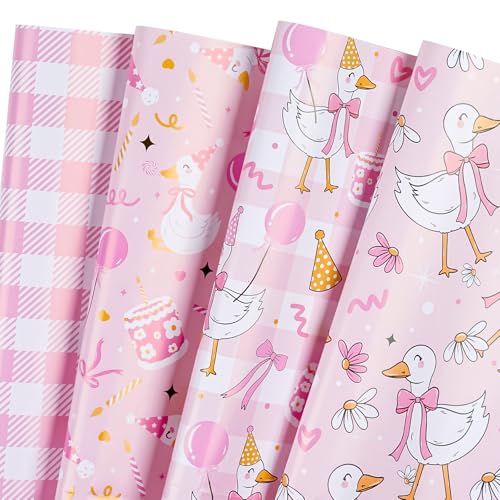 WRAPAHOLIC Silly Gooses Birthday Wrapping Paper Sheet - 8 Sheets Pink Party Goose Coquette Gift Wrap Paper Folded Flat for Girls Birthday, Baby Shower - 19.7 Inch x 27.5 Inch Per Sheet
