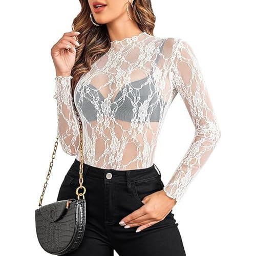 Mesh Oberteil Damen Transparentes Spitzen Oberteile Spitzenbluse Netzoberteil Durchsichtig Blumenmuster Langarm Shirt Elegant Sexy Bluse Tops Weiß S
