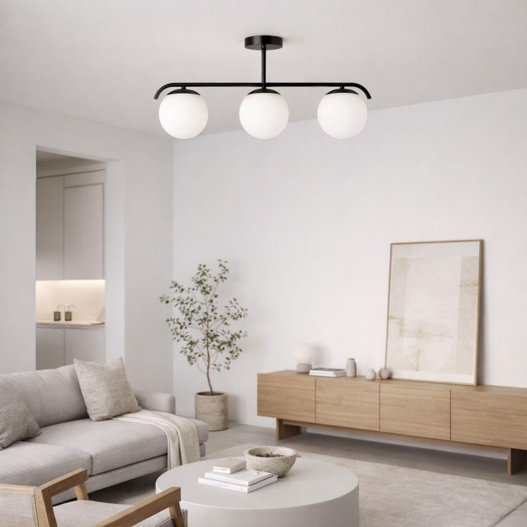 B·LED BARCELONA LED Lampada da Soffitto “Talí” con 3 Sfere in Vetro Opalino – Stile Nordico Minimal – 3xE27 – Struttura in Metallo Nero – Illuminazione Diffusa per Soggiorno, Sala da Pranzo o Camera