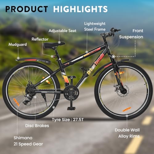 Image of Urban Terrain Mutant 27.5 inch Cycle /Bicycle Steel MTB (21 Speed) Gear Bicycle for Men /Boys with Front Suspension & Dual Disc Brake Mountain Bike | Ideal for 15+ Years, Frame Size : 17 inch (Black)