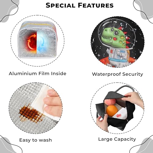 Image of Kraptick Compact & Stylish Design Printed Tiffin Bag for Children Insulated Lunch Bag for Kids Perfect Leakproof Keeps Hot and Cold Lunch Bag for School (Black Dinosaur)