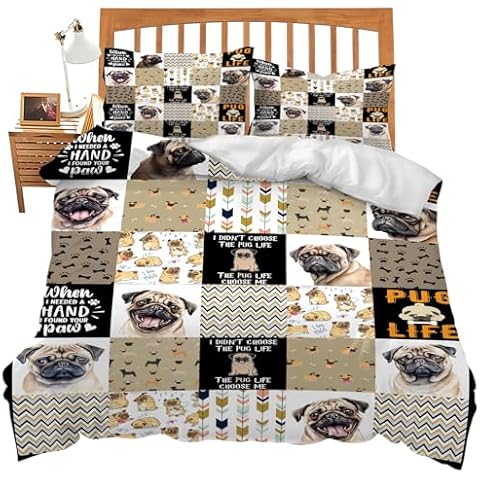 Pug Bedding Set Puppy Pug Animal Theme Comforter Set for Kids Teens Adults Women Men Pug Dog Duvet Cover Bedroom Decor Soft Full Size Quilt Cover with 2 Pillowcases Cover
