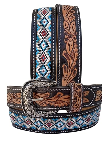 Western Beaded Belts For Young Adults Tooled Leather Heavy Duty Kids Beaded Belt 40IS107