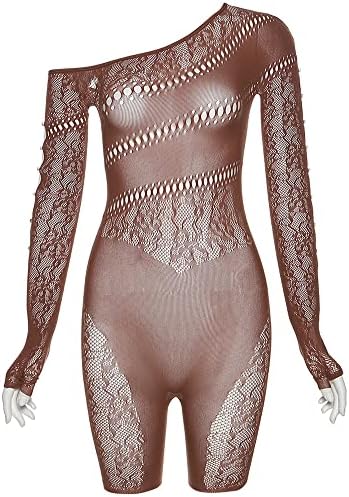 DOUCIU Women's Long Sleeve Bodycon Romper Cut Out Short Jumpsuit Sexy Mesh Sheer Hollow One Side Strapless (Brown, A)