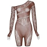 DOUCIU Women's Long Sleeve Bodycon Romper Cut Out Short Jumpsuit Sexy Mesh Sheer Hollow One Side Strapless (Brown, A)