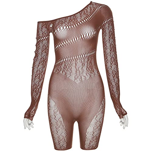 Douciu Women's Long Sleeve Bodycon Romper Cut Out Short Jumpsuit Sexy Mesh Sheer Hollow One Side Strapless (Brown, A) #TOP29