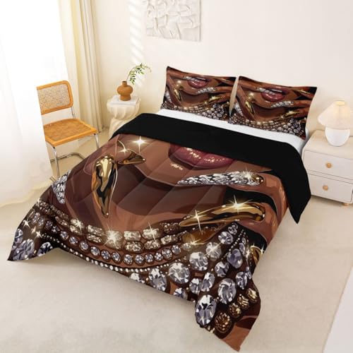 Image of Erosebridal Black Woman Comforter Set African American King Bedding Set for Teens Adult Afro Black Female Duvet Insert Glitter Artwork Magical Bed Set Room Decor (1 Comforter, 2 Pillowcases)