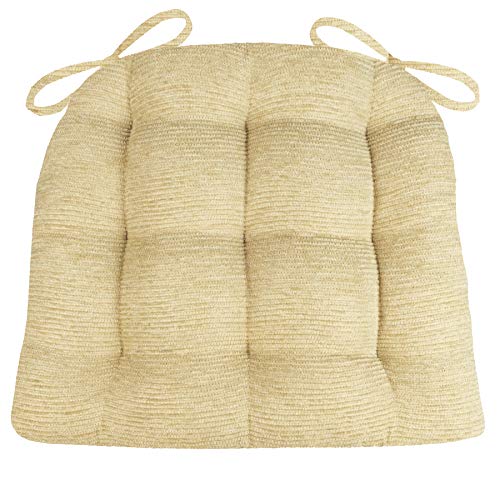 Barnett Home Decor Chenille Rib Tan Dining Chair Cushions with Ties - Extra-Large Size 18 Chair Pad - Latex Foam Fill, Reversible - Made in USA (Beige/XL)