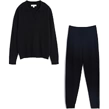 GreenMount Womens Cashmere Knitted Sweatsuit Set 2 Piece Outfits, Deep V-Polo Pullover & Jogger Sweatpants Keep 37.5WarmBlack,S