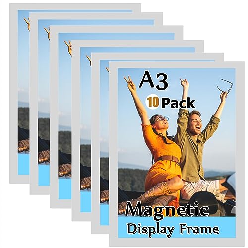 Gocoffun A3 Magnetic Sign Holder, 10 Pack Self Adhesive Magnetic Display Frame, Magnetic Photo Frame for Home, School, Store, Notice,Pictrue Display Frame (Silver)