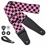 Nefelibata Guitar Strap-2" Wide Double Layer Cotton Original Design Adjustable Guitar Straps with Long Leather Ends for Bass, Electric & Acoustic, Best Gifts for Kids,Guitarists(Pink Checkerboard)