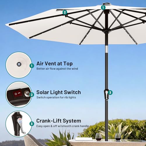 Image of AreShark 9FT Patio Umbrella with Solar Lights, 32 Lighted Pool Umbrella w /Tilt and Crank, Outdoor Market Solar Umbrellas for Garden, Deck, Backyard, Pool and Beach, Cream-White