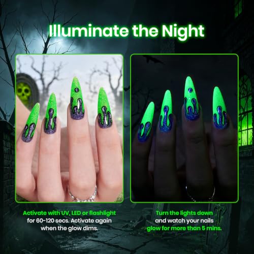 Image of Beetles Glow in the Dark Gel Nail Polish, 15ML Green Flame Neon Glitter Gel Polish, UV LED Soak-Off Color for Halloween Flame Spiderweb Nail Art and DIY Manicure
