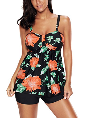 FEOYA - Bañador para Mujer con Relleno de 2 Piezas Pantalones Chaleco de Baño Tankinis Ropa de Natación Estampado - Negro - 4XL