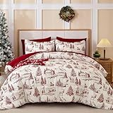 Yiran Red Christmas Comforter Set Queen 7 Pieces, Xmas Cabin Woods Reindeer Patterns Bedding Set, Reversible Design Bed in a Bag, Soft Microfiber Decor for Holiday