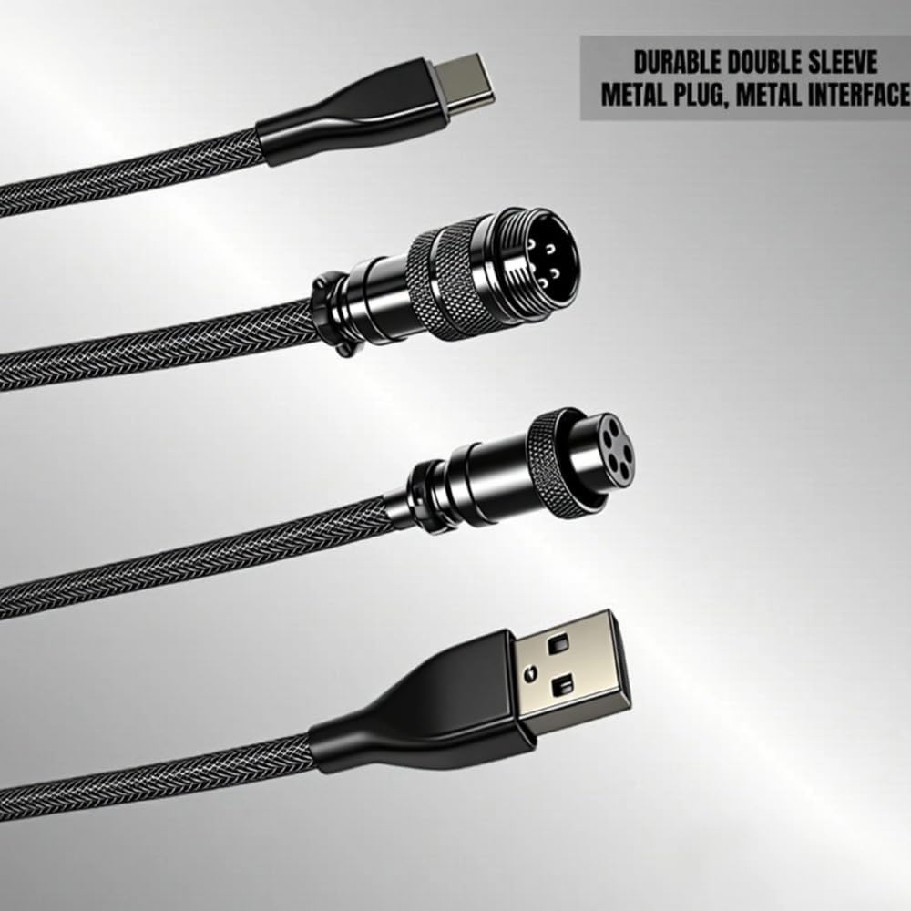Custom Coiled Keyboard Cable USB-C: Detachable Aviator Connector, Double-Sleeved Mechanical Keyboard Cord for Gamers & Professionals—Braided Nylon Wire 1.5M USB-C to USB-A Cable