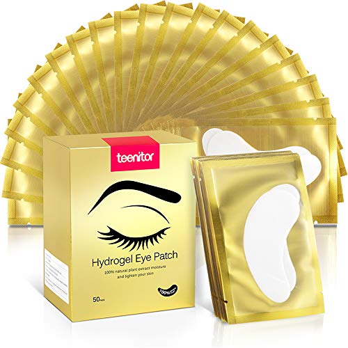 Lash Under Eye Pads, Teenitor Eyelash Patch Lint Free Eye Pads Eyelash Extension Gel Pads, 50 Pair Golden