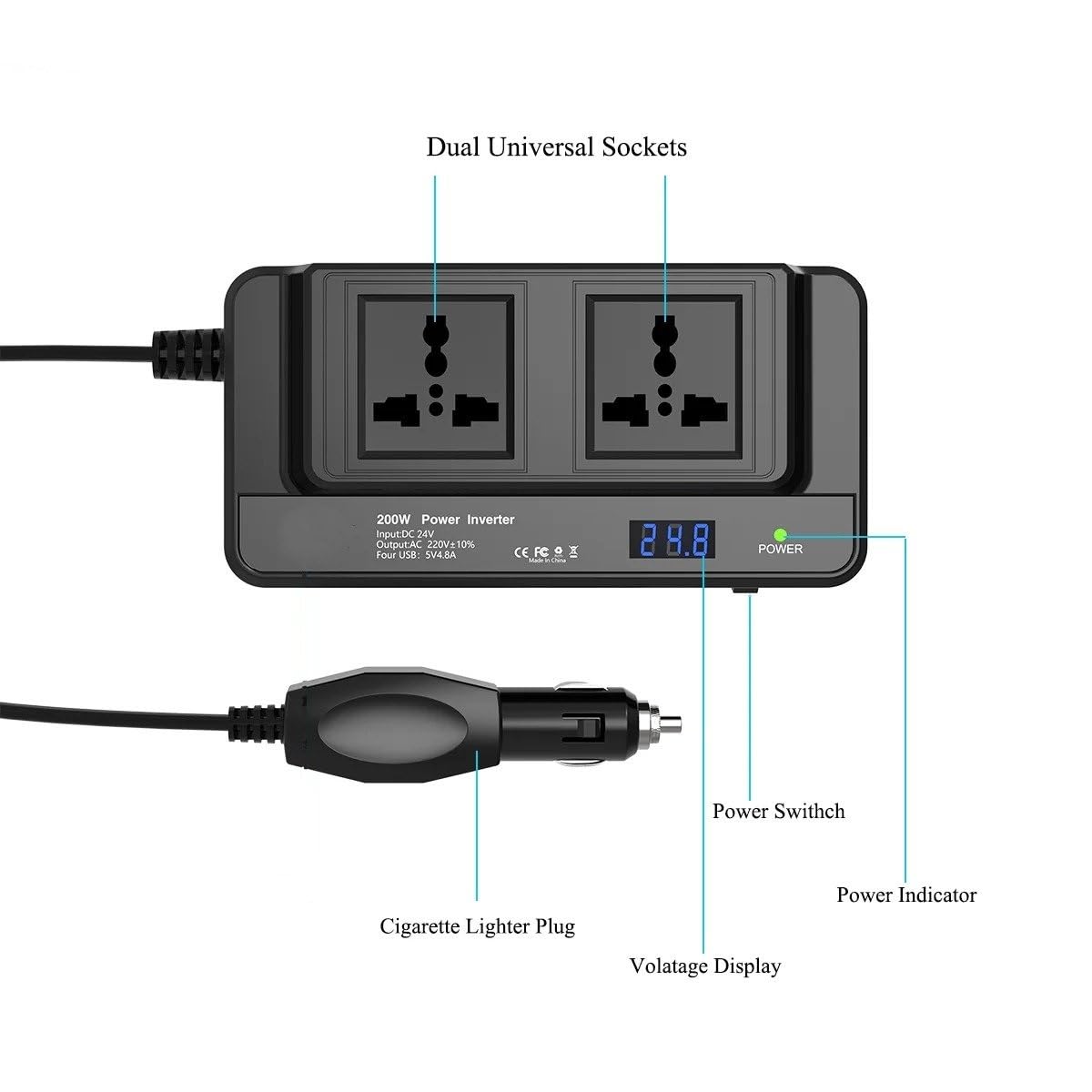 Convertidor Corriente Inversor De Corriente para Coche 200 W con Dos Enchufes Universales Y USB QC3.0. Conversor CC 24 V A CA 220 Convertidor