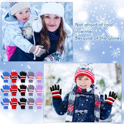 Crowye 50 Pairs Kid Gloves Bulk Winter Full Fingers Knitted Fleece Warm Colorful Fluffy Stripe Stretchy Gloves2