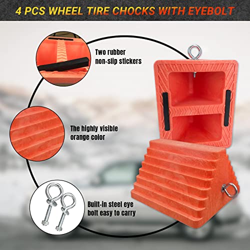 Image of HOXWELL Premium 4 pcs Heavy Duty Wheel Tire Chocks, Vehicle Chocks with Eyebolt for Travel Trailers, Camper, Truck, Car and ATV 4 Pack, Orange