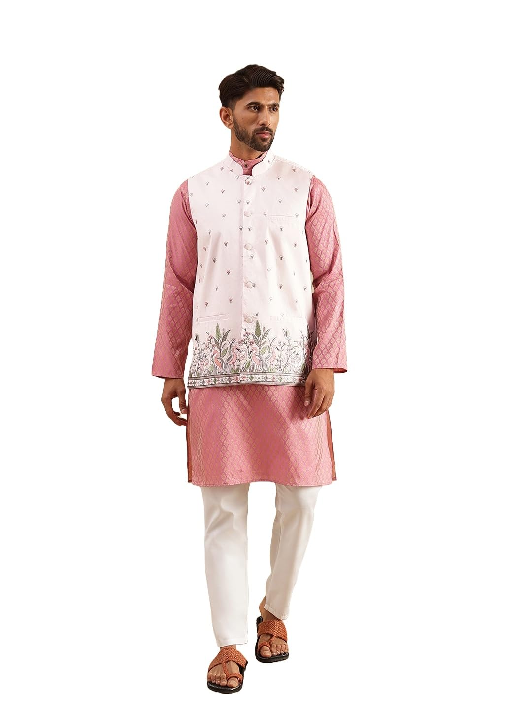 sojanya Men's Silk Blend Pink Kurta with White Pyjama & Daman Embroidered Nehru Jacket-picture-38