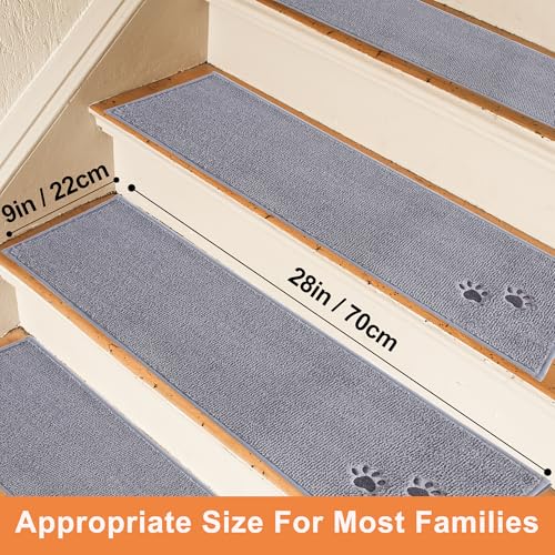 BEQHAUSE Stair Treads, 15 pcs Non Slip Stair Treads, 22x70 cm Stairs Carpet Tread Washable Machine for Kids Elders and Pets 100% Polyester, Grey