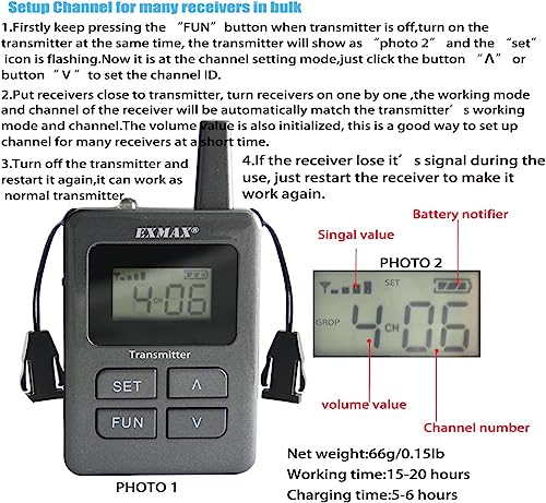 EXMAX ELGT-470 Sistema inalámbrico de transmisión de voz con 100 canales para turismo y conferencias (2 transmisores 30 receptores + estuche de carga de 32 ranuras) miniatura 5