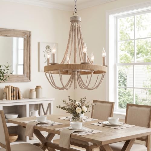 Farmhouse Chandelier for Dining Room 6-Light Wood Bead Rustic Ceiling Light