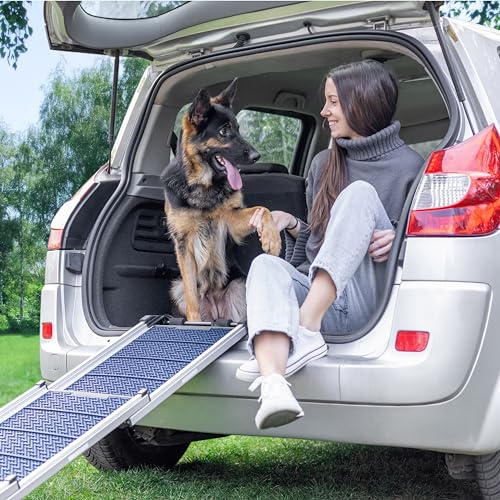 Hunderampe Auto Klappbar- Teleskop Alu Rampe für große Hunde - Stabile Hundetreppe Auto & SUV - rutschfest - Reflektierende Seiten - Hundeleiter Auto - 90kg Belastbarkeit - Befestigungsclip - Blau